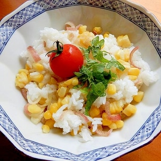 ご飯と炊いて早い！トウモロコシで混ぜご飯♪（茗荷）